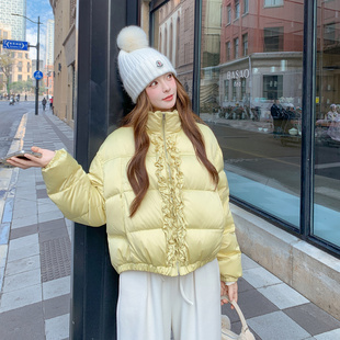 黄色短款立领木耳边羽绒服女冬季加厚保暖小个子面包服