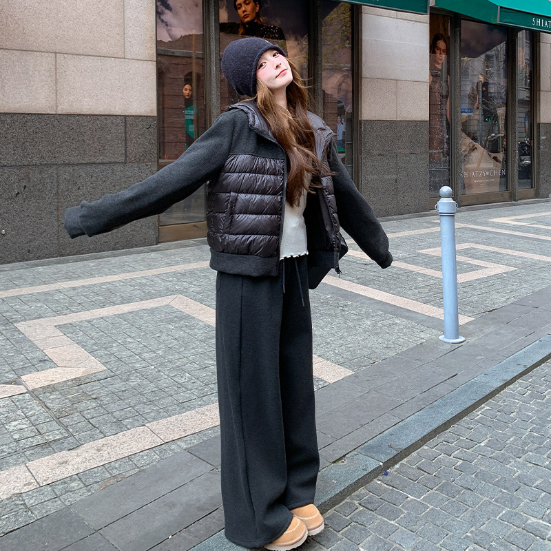 黑色连帽羽绒服阔腿裤套装女2025冬季新款减龄高级感两件套