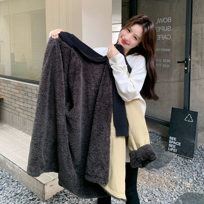 韩系羊羔毛外套女冬2025新款宽松加厚中长款毛呢大衣