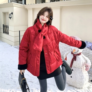新中式红色羽绒服女2025冬季新款短款圆领围脖收腰外套时尚保暖