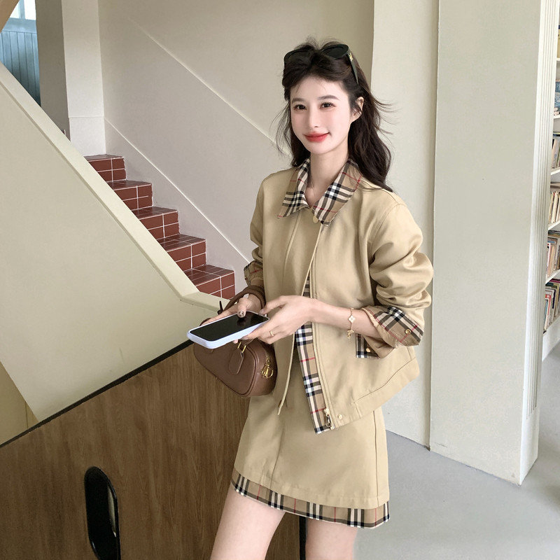 格纹拼接翻领外套半身裙两件套女春季韩系小个子休闲套装
