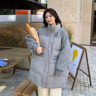 韩系灰色拼接中长款羽绒服女冬季宽松显瘦白鸭绒外套