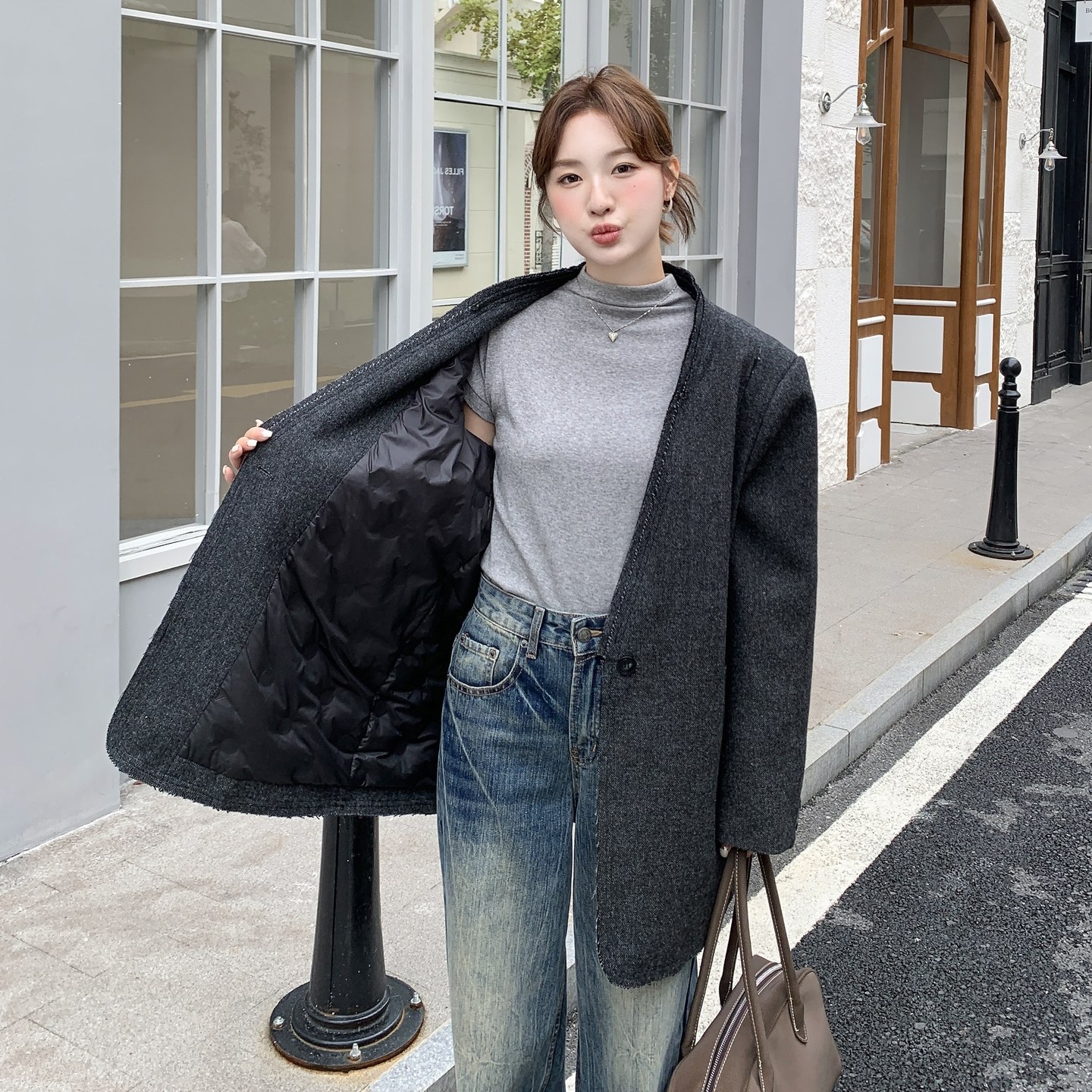 轻熟风灰色中长款羽绒内胆西装外套女秋冬保暖高级感