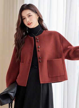 女羊毛外套气质圆领长袖单排扣大衣1C042-P220-K320