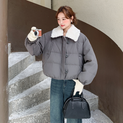 韩系羊羔毛领短款羽绒服女冬灰色白鸭绒保暖厚外套