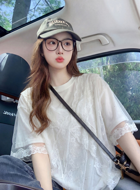 蕾丝蝴蝶结烫钻短袖t恤女夏季2026新款爆白色重工设计高级感上衣