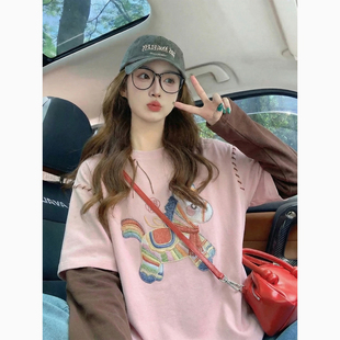 粉色假两件长袖t恤女2026早春新款设计感小马刺绣慵懒宽松上衣潮