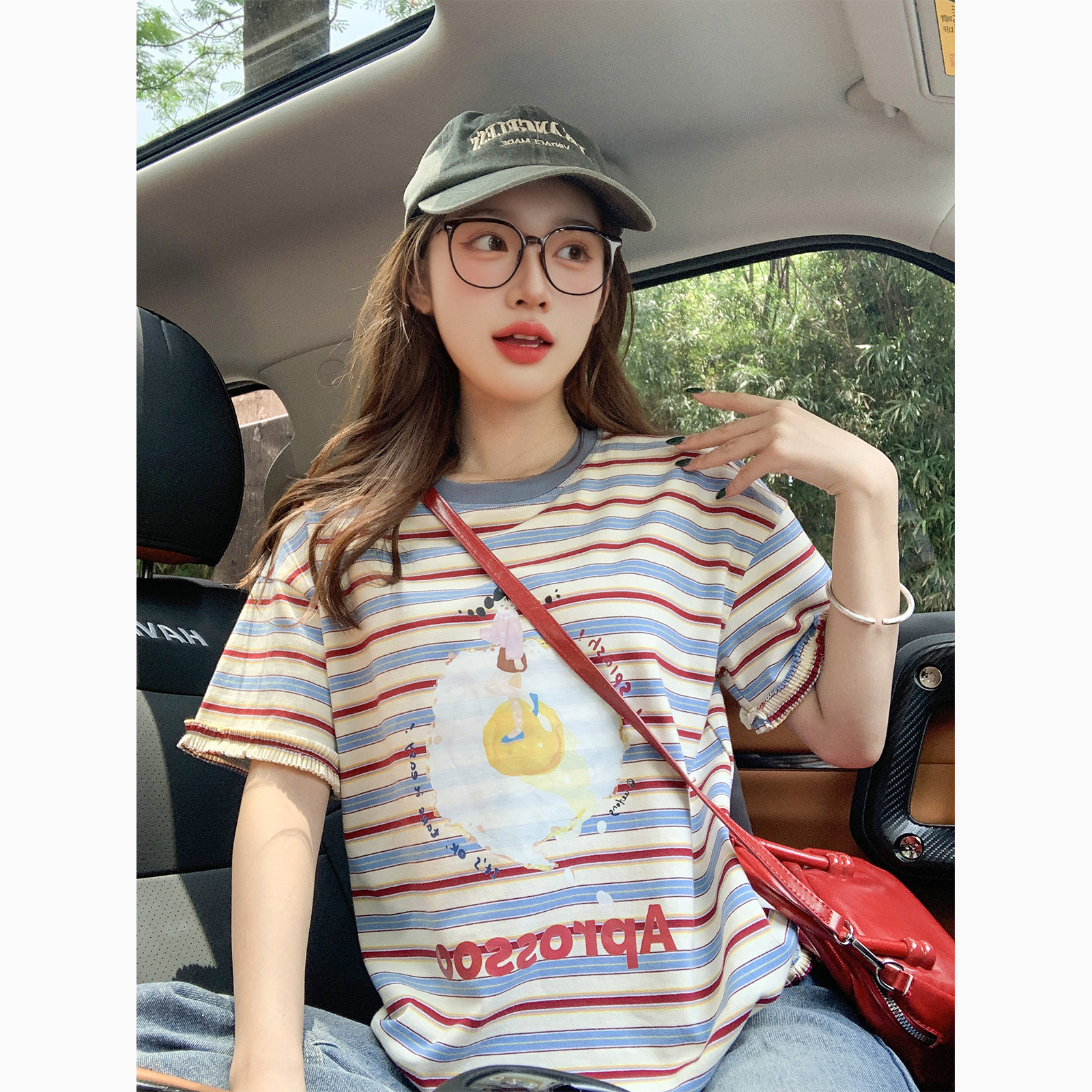 美式花边条纹短袖t恤女2025新款夏季正肩宽松小个子减龄设计上衣