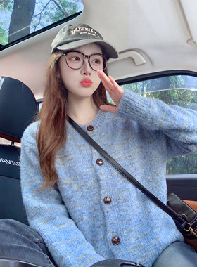 蓝色复古毛衣女秋季2026新款慵懒风高级感宽松开衫针织衫上衣外套