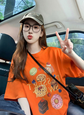 橙色卡通可爱印花潮牌纯棉短袖t恤女夏季2026新款宽松减龄上衣女