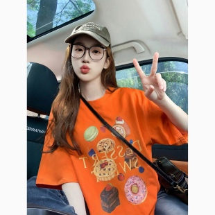 宽松减龄上衣女 2026新款 橙色卡通可爱印花潮牌纯棉短袖 t恤女夏季