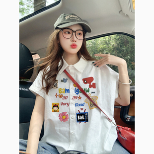 正肩卡通白色短袖衬衫女夏季宽松复古小众慵懒风减龄情侣上衣衬衣