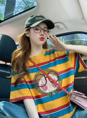 橙色条纹卡通印花潮牌可爱短袖t恤女夏季2026新款宽松慵懒上衣女