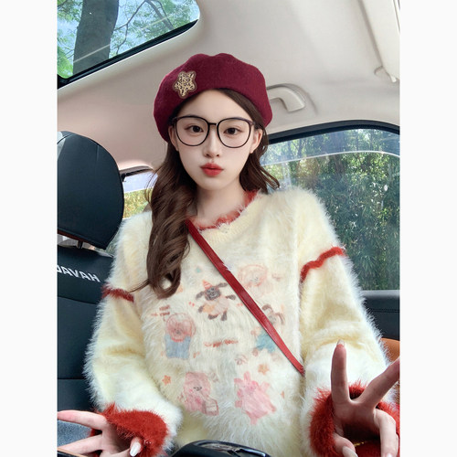 白杏色卡通印花水貂绒加厚毛衣女冬季软糯慵懒高级感宽松针织外套