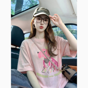 宽松减龄显瘦上衣女 2026新款 粉色卡通印花可爱潮牌短袖 t恤女夏季