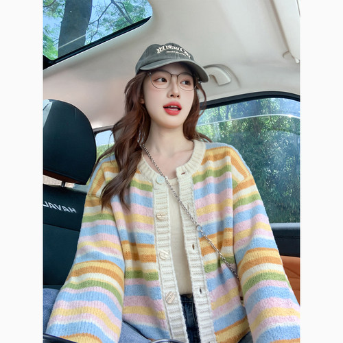 彩色条纹开衫毛衣外套女秋冬2026新款宽松软糯减龄多巴胺针织衫女