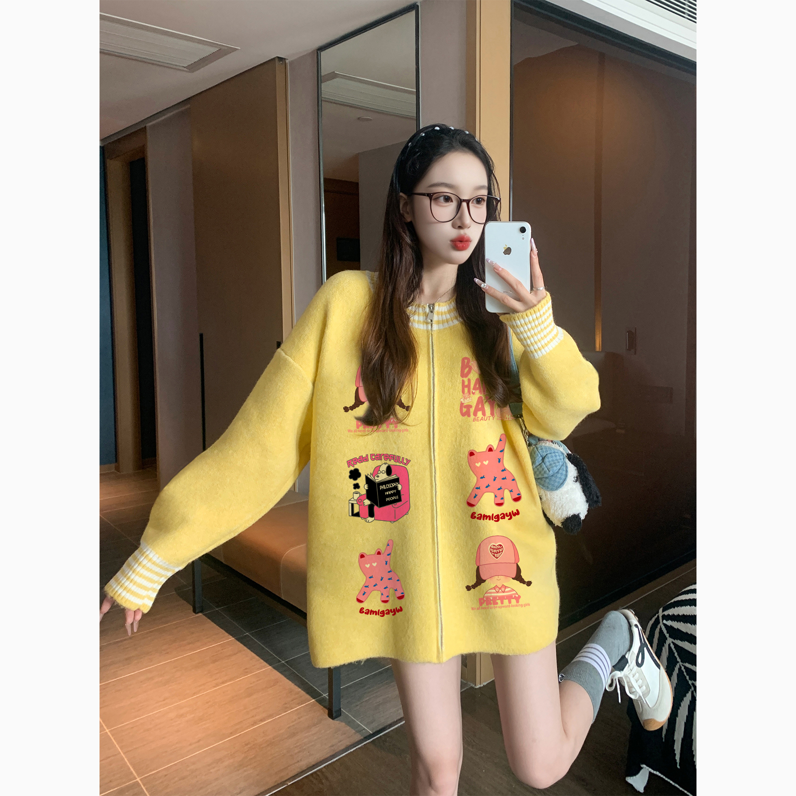 黄色卡通潮牌印花开衫毛衣外套女秋冬小众宽松慵懒高级感针织上衣