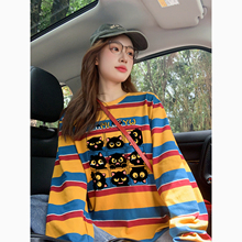 橙色条纹爆款卡通长袖t恤女秋季宽松慵懒风纯棉防晒罩衫情侣上衣