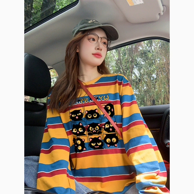 橙色条纹爆款卡通长袖t恤女早秋宽松慵懒风纯棉防晒罩衫情侣上衣