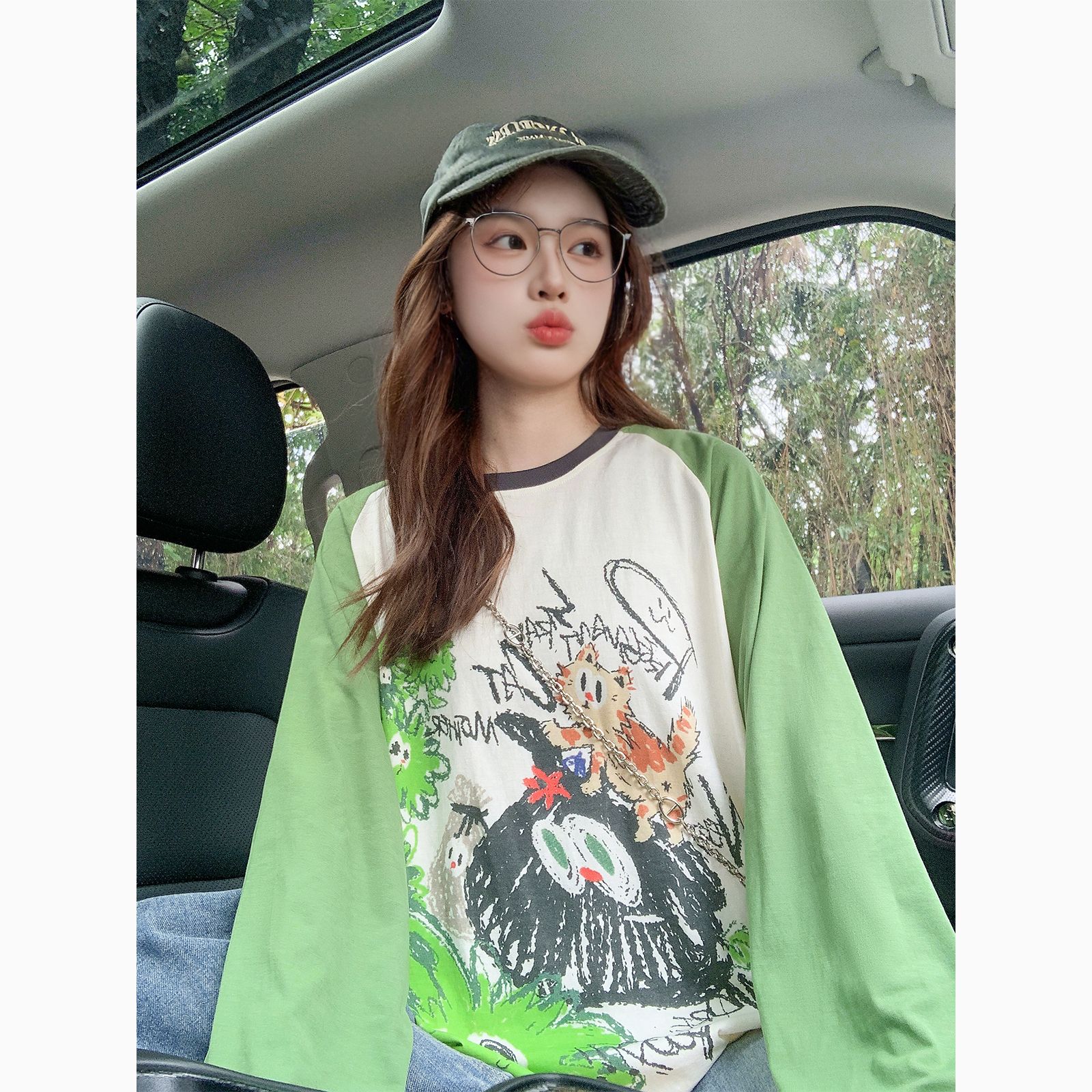 撞色插肩长袖t恤女2025新款夏季卡通涂鸦复古慵懒风防晒罩衫上衣