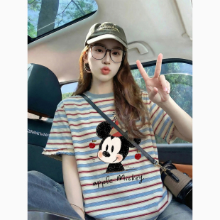 慵懒高级感潮牌上衣 2026新款 红蓝条纹卡通可爱纯棉短袖 t恤女夏季