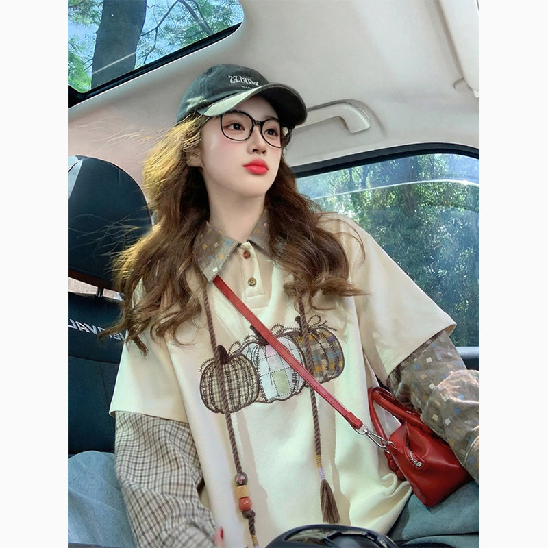 polo领假两件长袖t恤女2026新款早春设计感美式慵懒潮牌宽松上衣