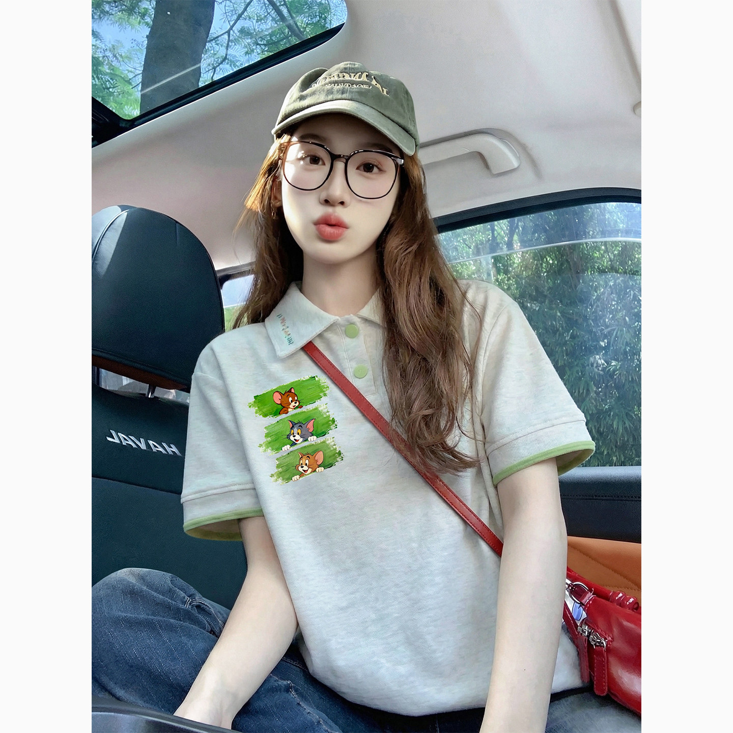 撞色Polo领短袖T恤女夏季卡通印花可爱减龄多巴胺穿搭上衣体恤女图片
