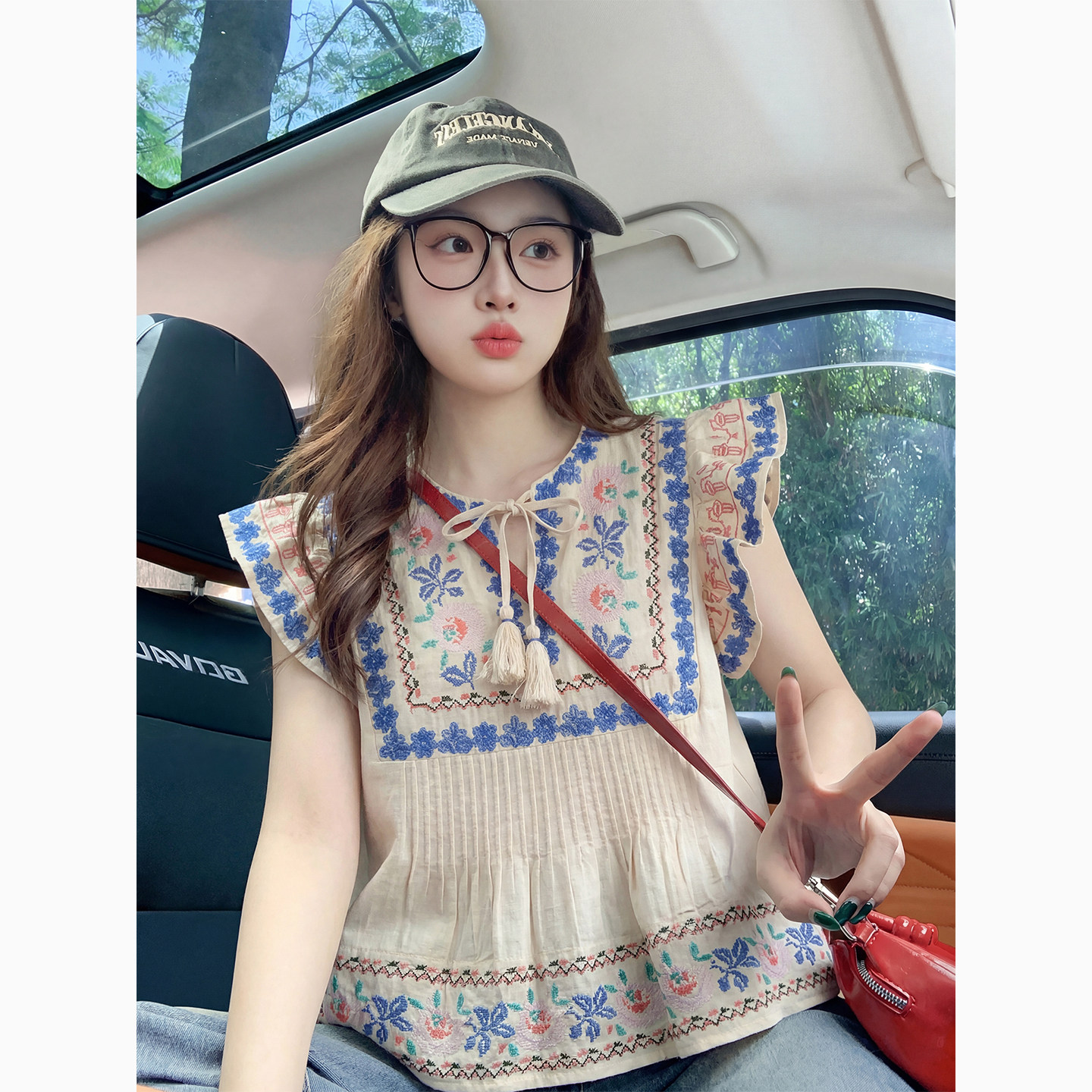 杏色民族风小飞袖正肩短袖衬衫女夏季2026新款小众高级感上衣衬衣