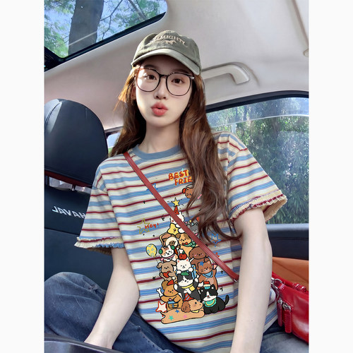 红蓝条纹可爱卡通潮牌短袖t恤女夏季2026新款宽松慵懒纯棉上衣女