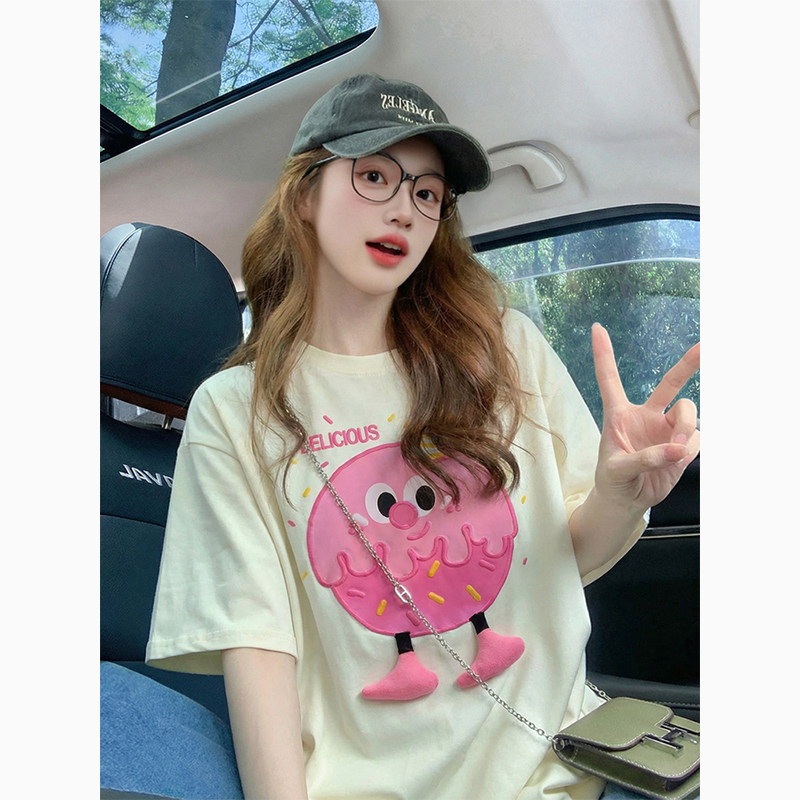 夏季纯棉短袖t恤女2026新款爆款白色宽松大码3D立体玩偶设计感女
