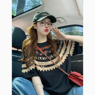 黑色潮牌印花纯棉短袖t恤女夏季2026新款宽松慵懒高级感上衣体恤