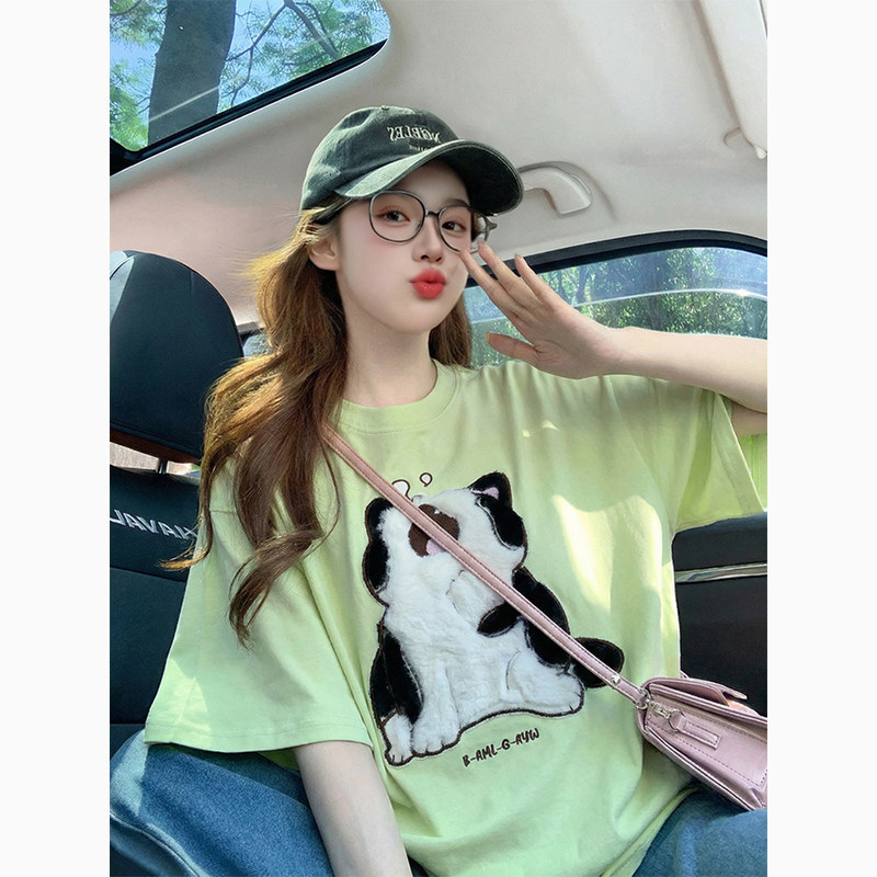 黄绿色卡通可爱绣花贴布短袖t恤女夏季2026新款宽松纯棉潮牌上衣,女装/女士精品,T恤,淘宝优惠券,粉丝福利购,淘宝优惠卷