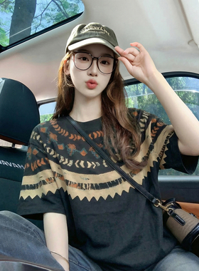 黑色潮牌印花纯棉短袖t恤女夏季2026新款宽松慵懒高级感上衣体恤