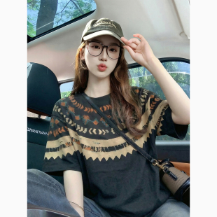 宽松慵懒高级感上衣体恤 2026新款 黑色潮牌印花纯棉短袖 t恤女夏季