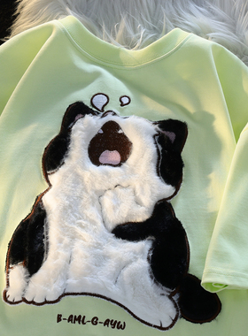 绿色卡通潮牌宽松情侣装T恤女夏季3D立体毛绒绣花中性短袖上衣