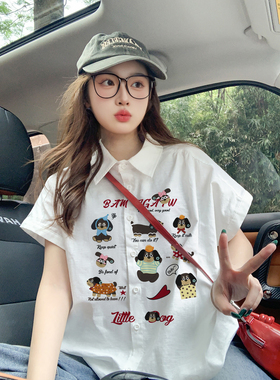 正肩白色小飞袖短袖衬衫女夏季宽松慵懒风复古小众减龄上衣衬衣女