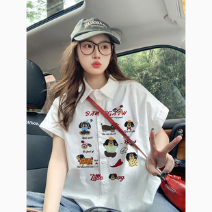 正肩白色小飞袖短袖衬衫女夏季宽松慵懒风复古小众减龄上衣衬衣女