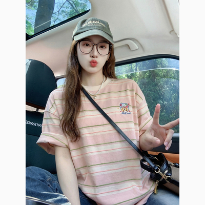 美式复古高街彩虹条纹正肩短袖t恤女夏季小众设计感宽松半袖上衣