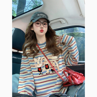 可爱休闲风条纹长袖T恤女兔子印花设计感宽松减龄防晒罩衫上衣女
