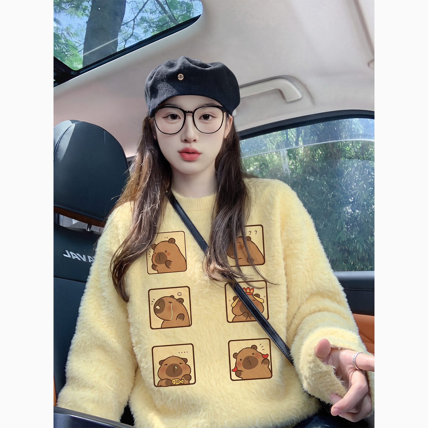 黄色可爱卡通小熊毛衣女秋冬慵懒风宽松软糯复古童趣印花针织上衣