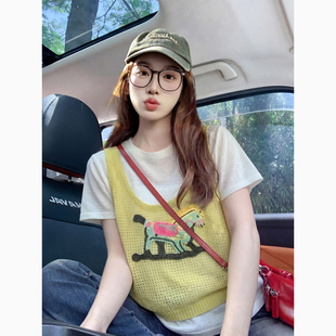 多巴胺黄色卡通针织马甲女上衣假两件叠穿背心百搭短袖t恤女夏季