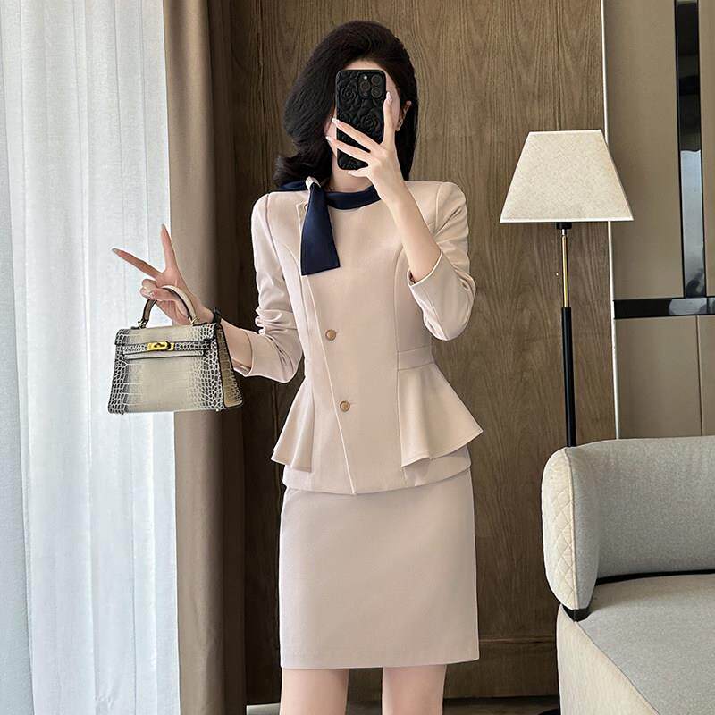 职业套装女春秋杏色西装套裙酒店前台接待工装珠宝店美容院工作服