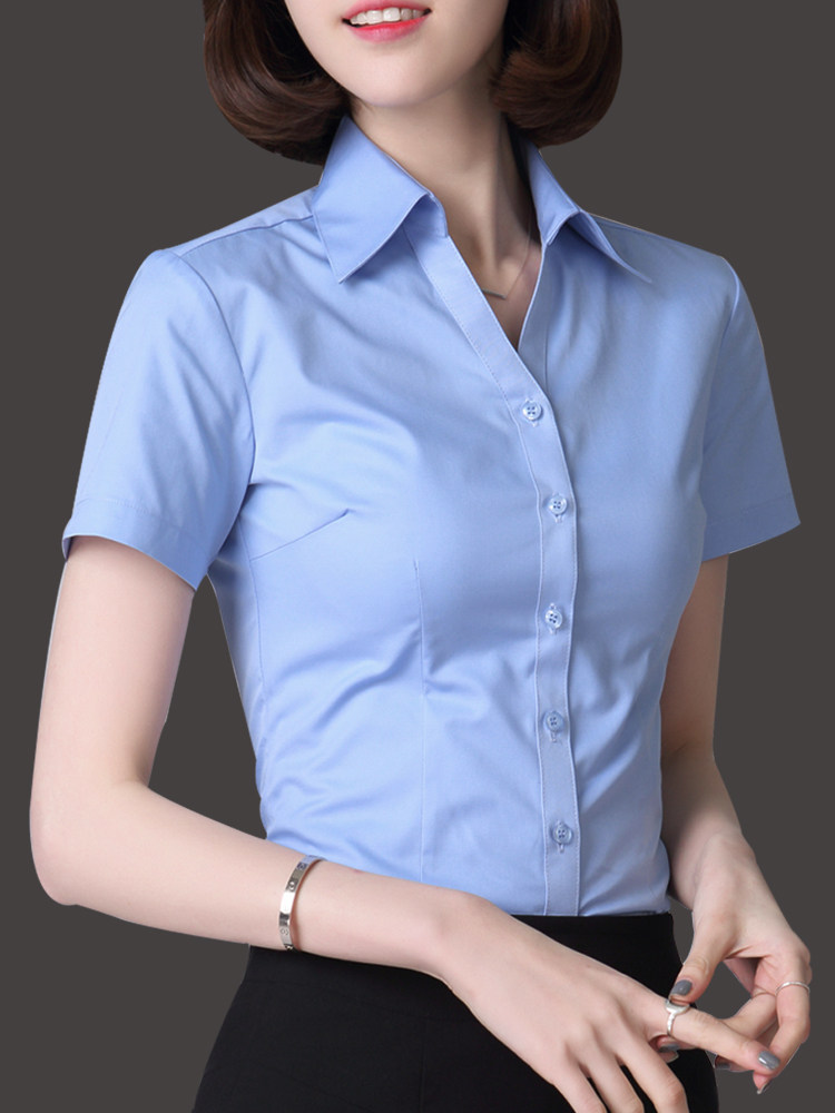 职业蓝色衬衫女短袖V领正装气质工作服夏季半袖白色衬衣工装套装