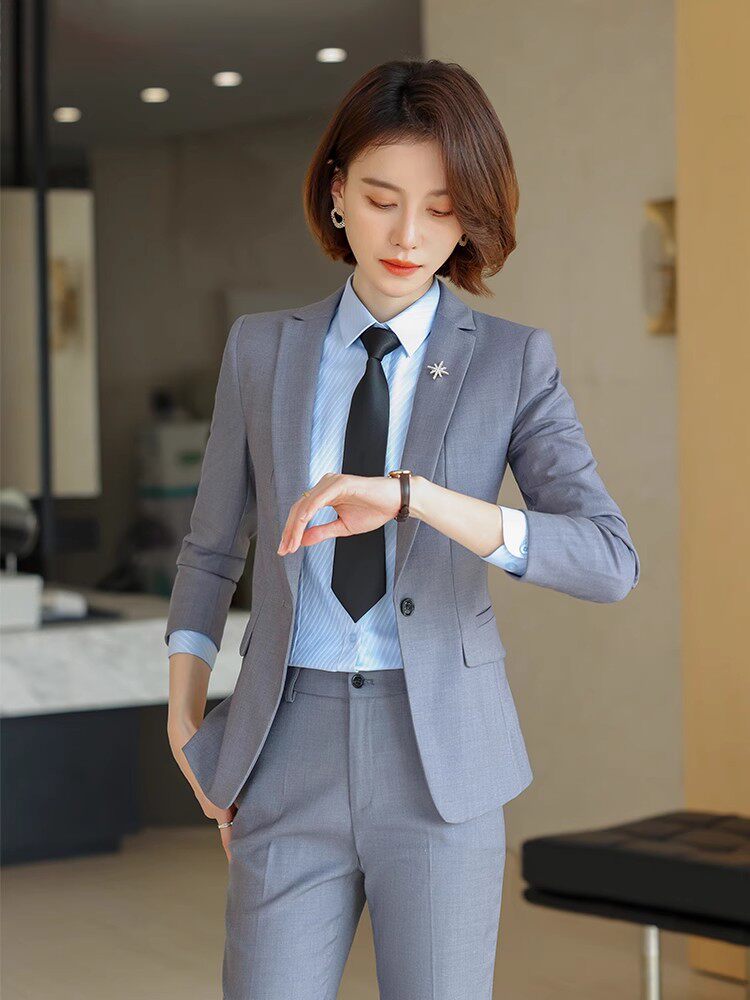 秋季新款高端职业西服售楼部珠宝店工作服修身灰色西装正装女套装