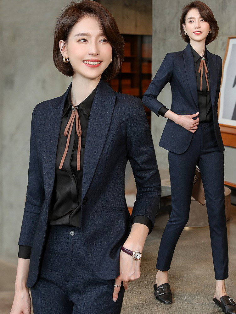 高端职业套装女春秋宝蓝色商务白领公务员面试正装职业装经理西装