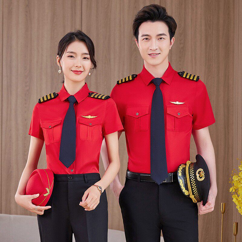 空乘机长制服男女白衬衫长短袖酒店安保工作服军鼓乐队演出红衬衫
