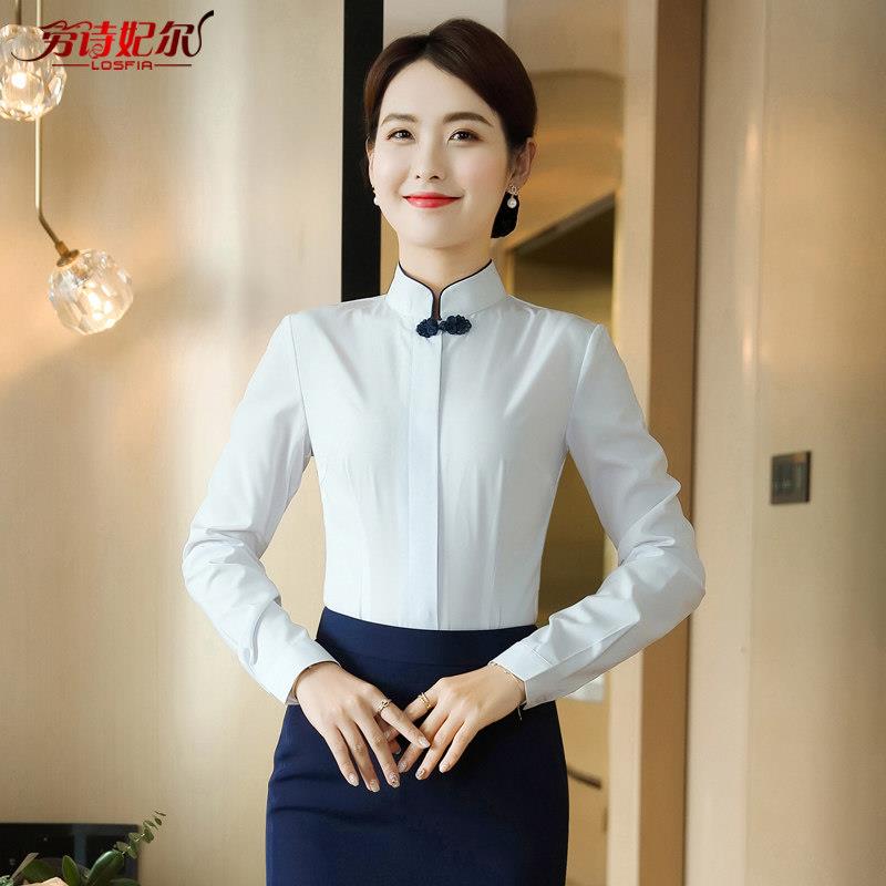 复古衬衫女2021新款中式餐厅工装气质正装立领白衬衣服务员工作服