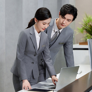 灰色西服套装男女同款职业正装商务酒店前台置业顾问工作服西装