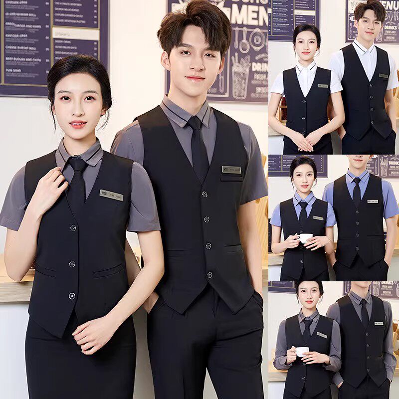 餐饮服务员工作服短袖饭店台球俱乐部马甲套装KTV工装定制绣logo