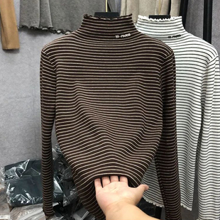 半高领条纹德绒长袖t恤打底衫女秋冬季新款内搭保暖加厚德荣上衣